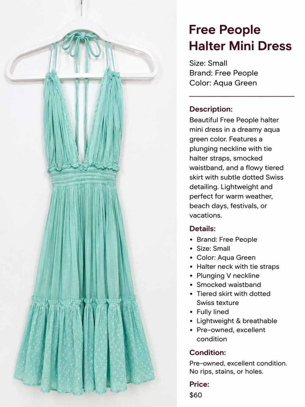Free People Aqua Green Tie-Halter Tiered Mini Dress